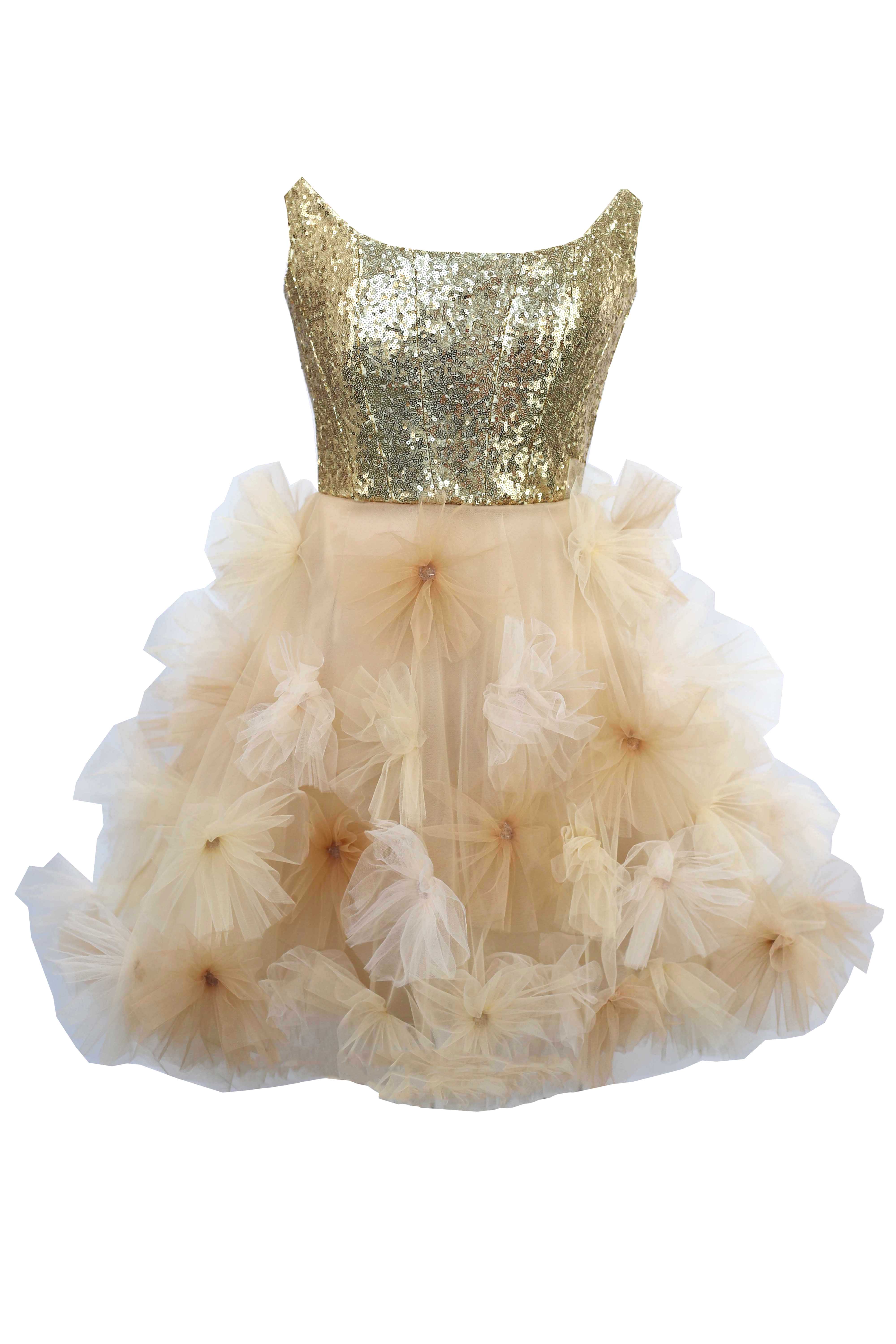 R24170 - GOLD 01 - TIMEEA gold sequins and nude tulle corset mini dress AMBAR STUDIO