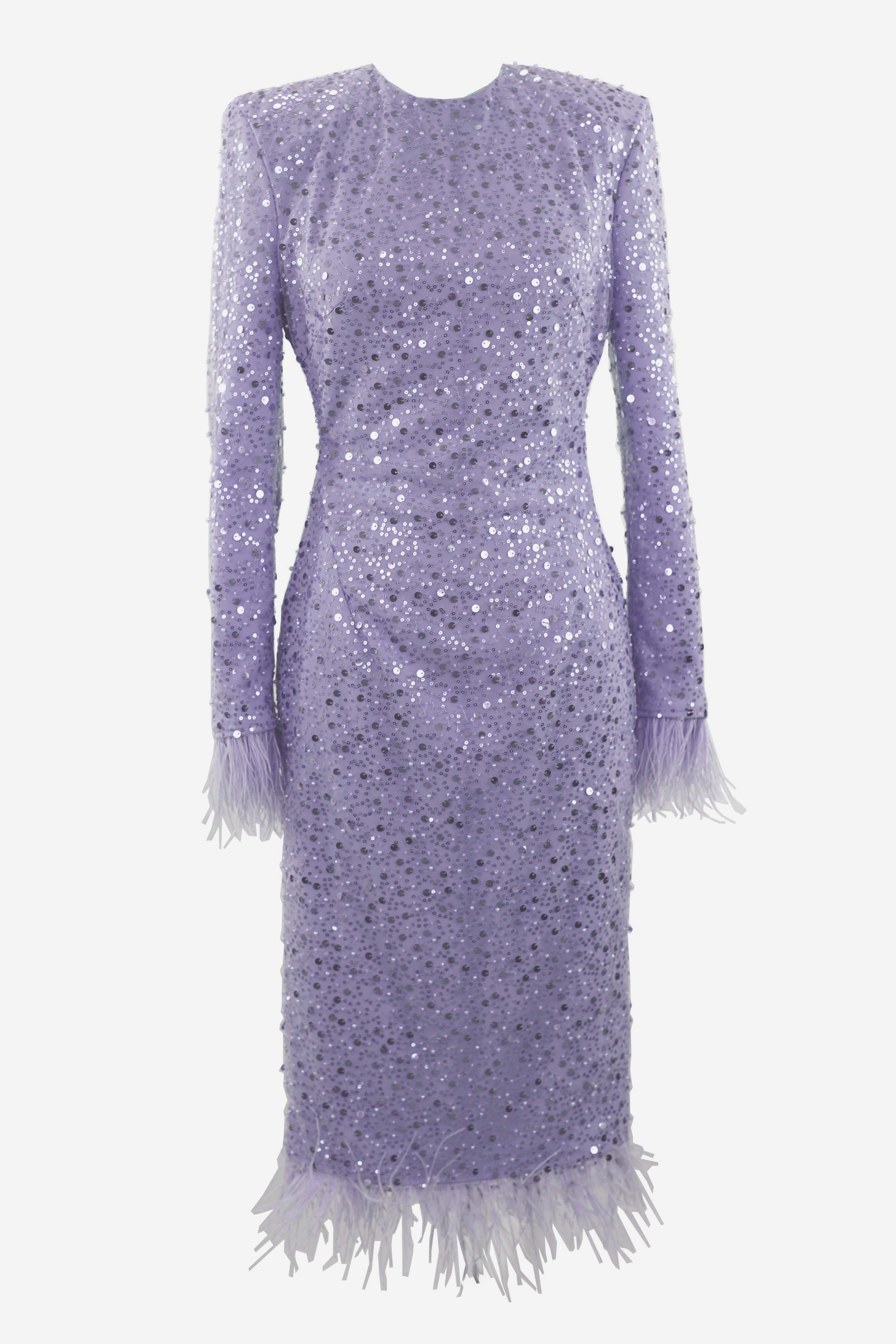 R24173 - LAVENDER 01 - LUCIA lavender embroidery midi dress with feathers AMBAR STUDIO