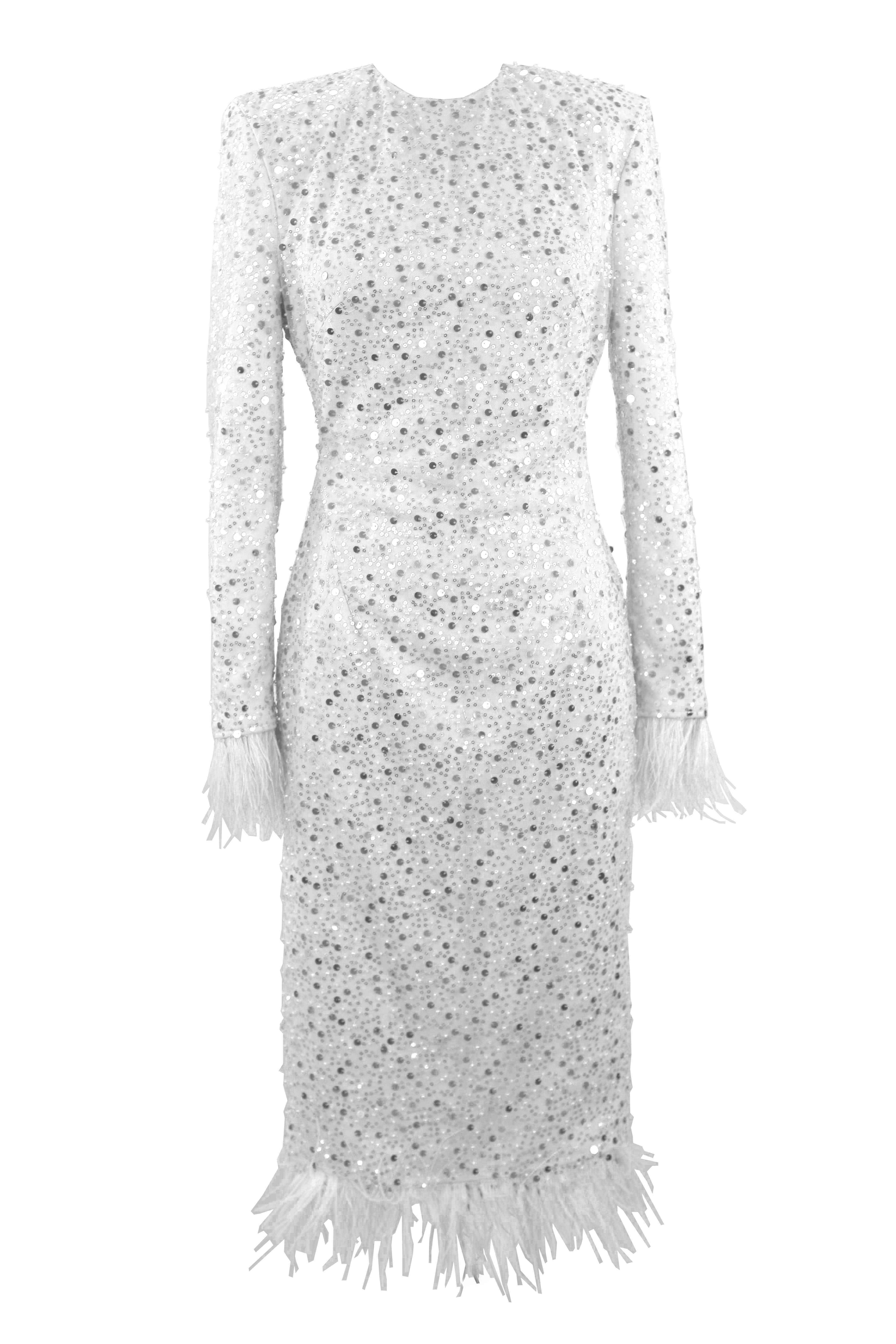 R24173 - WHITE 01 - LUCIA white embroidery midi dress with feathers AMBAR STUDIO
