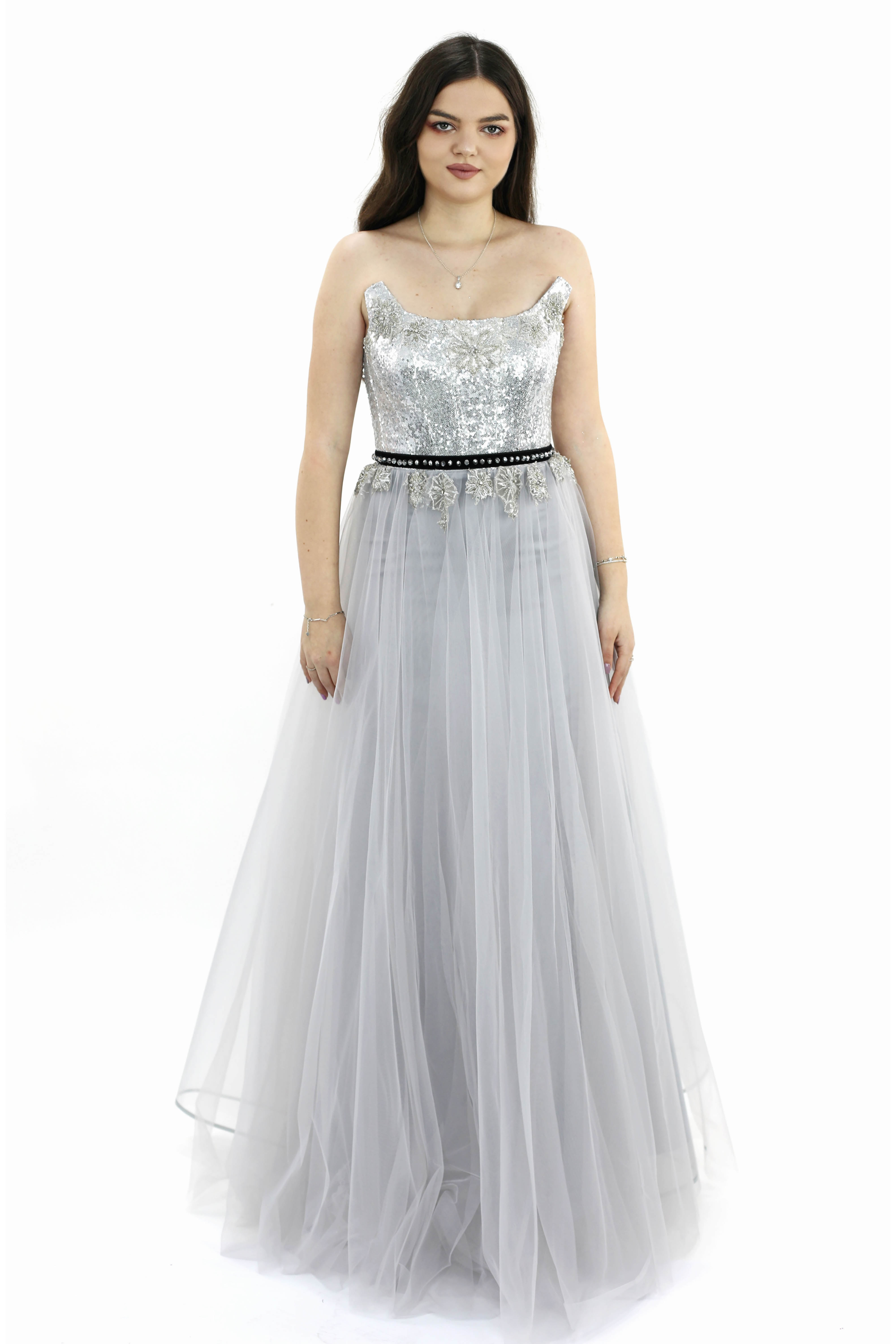 R24177 - SILVER 05 - OTTAVIA silver sequins and tulle long evening dress AMBAR STUDIO